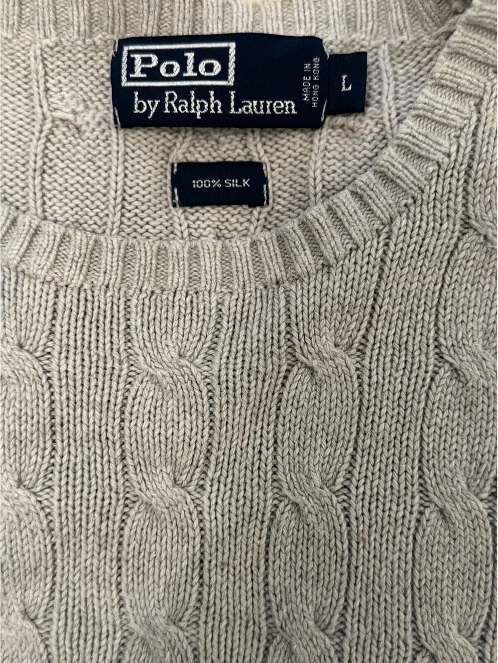 Vintage Polo Ralph Lauren 100% Silk Cable Knit Sweater Men’s L Beige Hong Kong